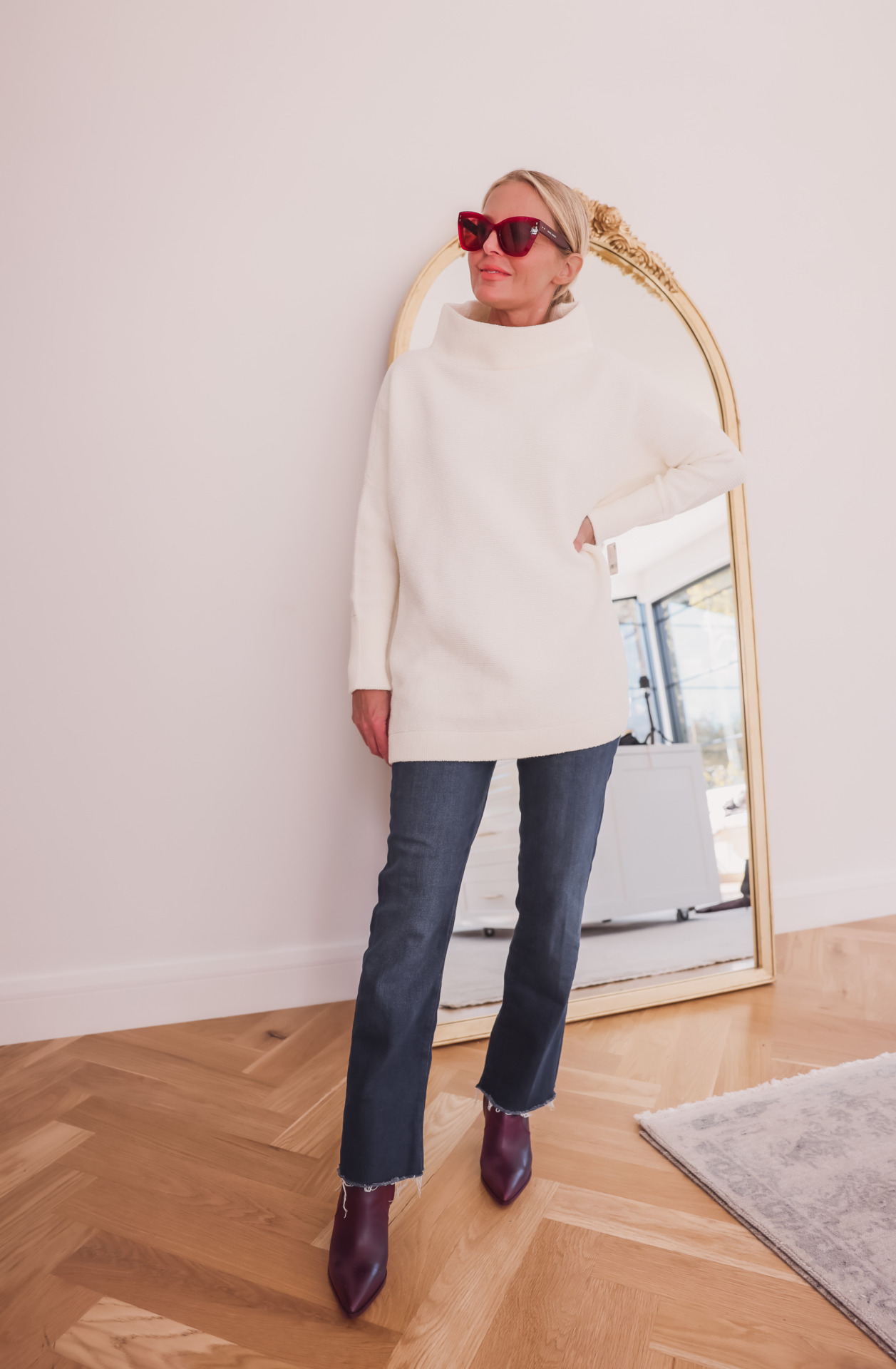 free people mockneck tunic sweater with jeans